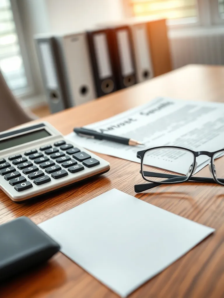 A professional close-up of a wooden desk with a calculator,